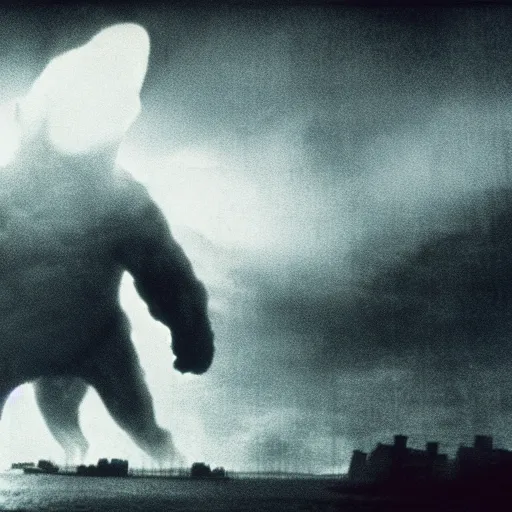 Image similar to low - resolution filmstill of a kaiju monster, fog, thriller, underdeveloped, flare, epic, dramatic