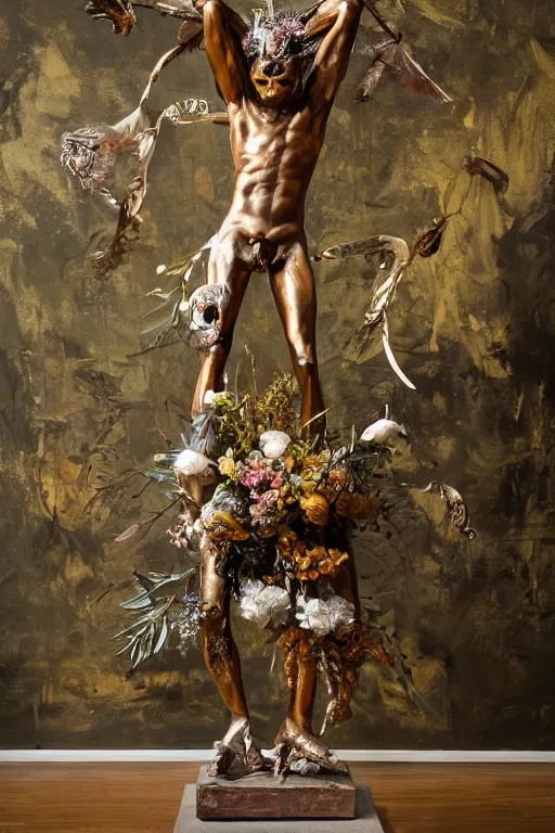 Image similar to Jean-Michel Basquiat as a bronze full-body statue of Icarus spreading his arms and arching his back for flight, glowing quartz crystal skull, wreath of ferns, flowing sakura-colored silk, fabric, flowers. baroque elements, human skull. full-length view. baroque element. intricate artwork by caravaggio. many many birds birds on background. Trending on artstation. halo. octane render, cinematic, hyper realism, octane render, 8k, depth of field, 3D