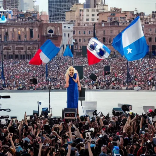 Image similar to Lady Gaga as president, Argentina presidential rally, Argentine flags behind, bokeh, giving a speech, detailed face, Argentina