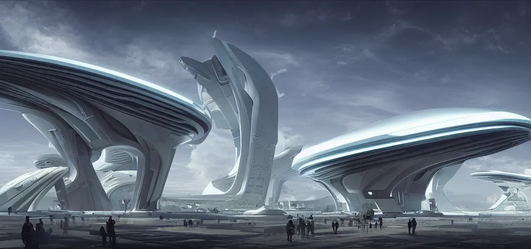 Image similar to a futuristic solarpunk spaceport, designed by zaha hadid, sci - fi, digital art by paul chadeisson