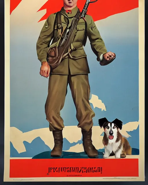 Prompt: soviet propaganda poster of an australian shepherd soldier, soviet art