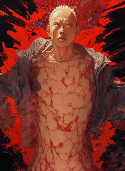 Prompt: tetsuo from akira, orange spike aura in motion, damaged japanese clothes, floating pieces, painted by art by tsuyoshi nagano, greg rutkowski, artgerm, alphonse mucha, spike painting