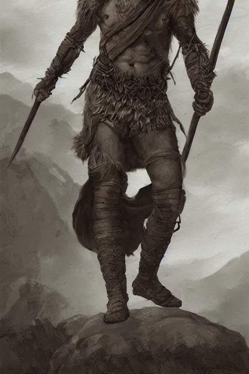 Image similar to renaissance full body portrait of a gruff ranger with a spear, lean and toned, handsome face, hairy chest and hairy body, D&D, intricate, elegant, highly detailed, digital painting, artstation, concept art, matte, sharp focus, chiaroscuro, well list, sharp detail, illustration, art by Da Vinci, Artgerm and Greg Rutkowski and Alphonse Mucha