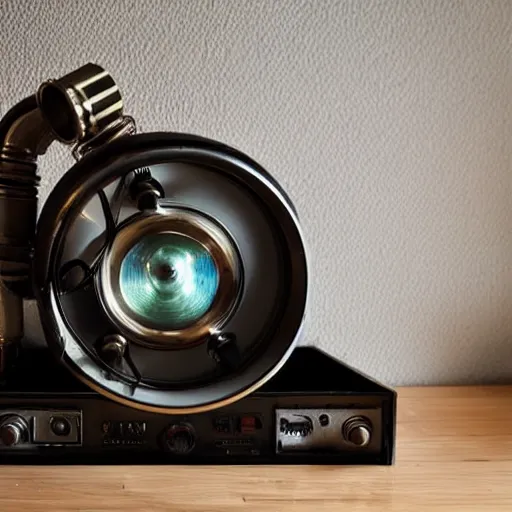 Prompt: retro sci-fi radio made of metal with dramatic contrast lighting, film noir style