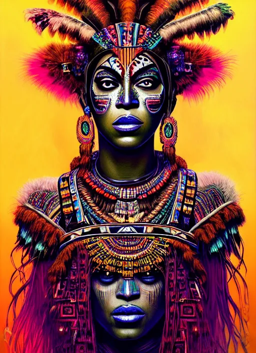 Image similar to portrait of beyonce, hyper detailed ultra sharp aztec shaman warrior. trending on artstation, warpaint aesthetic, bloodwave, colorful, psychedelic, ornate, intricate, digital painting, concept art, smooth, sharp focus, illustration, art by artgerm and greg rutkowski and h. r. giger, 8 k