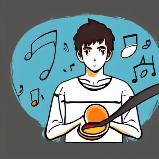 Image similar to a portait of young man holding a spoon while listening to music, logo, high detail, in a style of anime