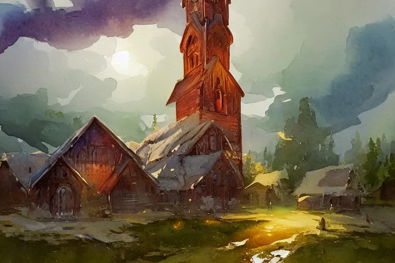 Image similar to small centered on watercolor paper, paint brush strokes, abstract watercolor painting of traditional wooden church tower, viking decor, translucent leaves, cinematic light, national romanticism by hans dahl, by jesper ejsing, by anders zorn, by greg rutkowski, by greg manchess, by tyler edlin