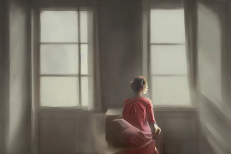 Image similar to a painting of a woman staring out a foggy window in a suburban home by jama jurabaev, cinematic shot, trending on artstation, high quality, ultra realistic