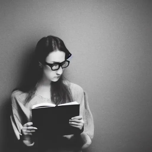 Prompt: a beautiful women readinf a book, nerdy, award winning photo, greyscale