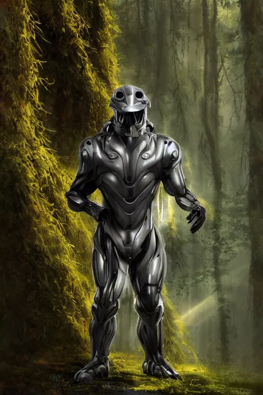Image similar to helmetless Crysis Nanosuit worn by a fluffy teddybear, a forest with rays of light coming through the canopy, masterpiece, dystopian, sci-fi, extremely detailed, digital painting, sculpted in zbrush, artstation, concept art, smooth, sharp focus, illustration, chiaroscuro lighting, golden ratio, incredible art, artgerm, greg rutkowski, alphonse mucha, simon stalenhag, carravaggio