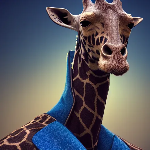 Image similar to a highly detailed portrait of a humanoid giraffe in a blue cloak, adventurer, artstation, deviantart, professional, unreal engine 5, octane render