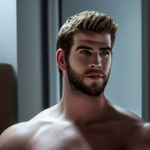 Image similar to a realistic detailed photo of a guy who is an attractive humanoid who is half robot and half humanoid, who is a male android, actor liam hemsworth, shiny skin, posing like a statue, blank stare, in a living room, on display, showing off his muscles