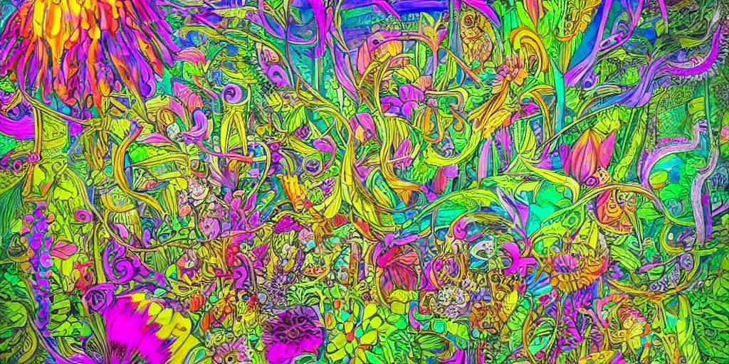 Prompt: 8k detailed psychedelic abstract illustration a exotic garden with neon flowers, detailed, intricate, elegant, highly detailed, digital painting, artstation, smooth, sharp focus