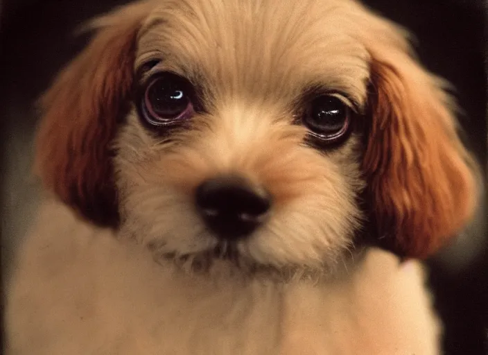 Image similar to a extreme close - up photo, color studio photographic portrait of a little dog bird hybrid, dramatic backlighting, 1 9 7 3 polaroid photo from life magazine,