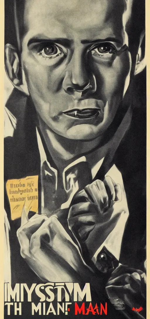 Image similar to portrait mistery man, 1940s propaganda poster, full hd,highly detailed