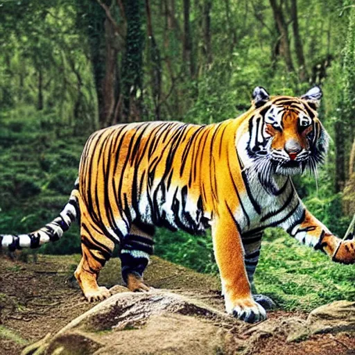 Prompt: photo of tiger wearing a bandana and holding a sword in jungle