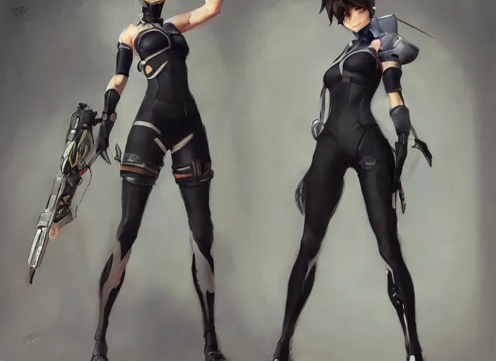 Prompt: a highly detailed beautiful portrait of tracer from overwatch as 2 b nier automata wearing a skintight suit!!, concept art!!, by gregory manchess, james gurney, james jean