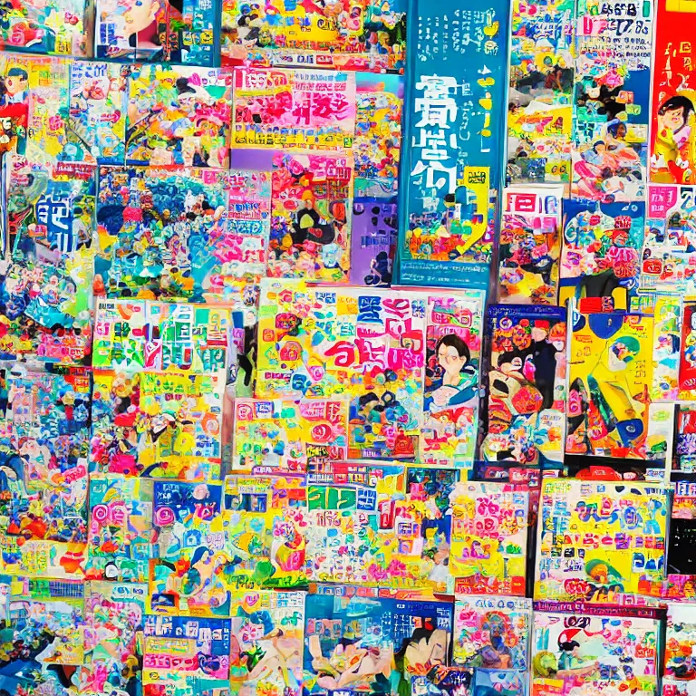 Image similar to an overwhelmingly detailed and colorful japanese magazine page of advertisements