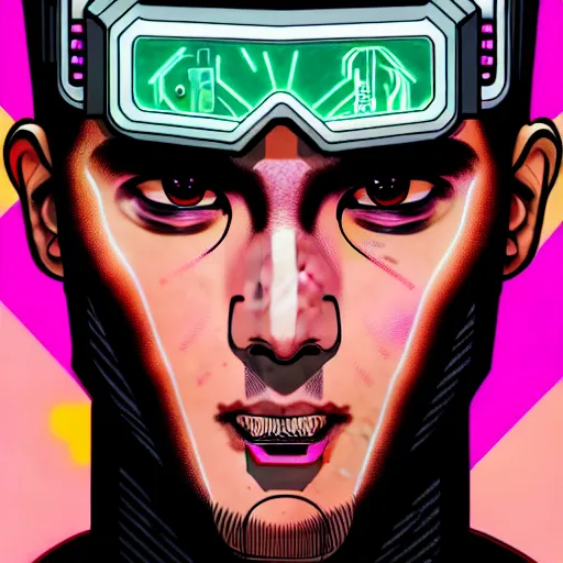 Image similar to portrait painting of a cyberpunk jackson wang with an x tattooed on his forehead, sharp focus, award - winning, trending on artstation, masterpiece, highly detailed, intricate. art by josan gonzales and moebius and deathburger