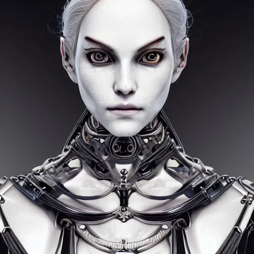 Prompt: manga pen and ink portrait of robotic humanoid ( pale shani from witcher 3 ), intricate mechanisms, highly detailed, professional digital painting, unreal engine 5, photorealism, hd quality, 8 k resolution, cinema 4 d, 3 d, cinematic, professional photography, art by artgerm and greg rutkowski and alphonse mucha and loish and wlop