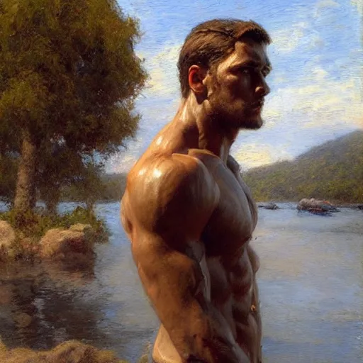 Image similar to man by the river, muscular, detailed face, correct face, painting by Gaston Bussiere, Craig Mullins