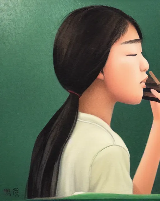 Image similar to a gen z teenage asian girl sitting at a small table, hand combing the hair, wearing vr googles, aged desaturated oil painting by mai trung thu