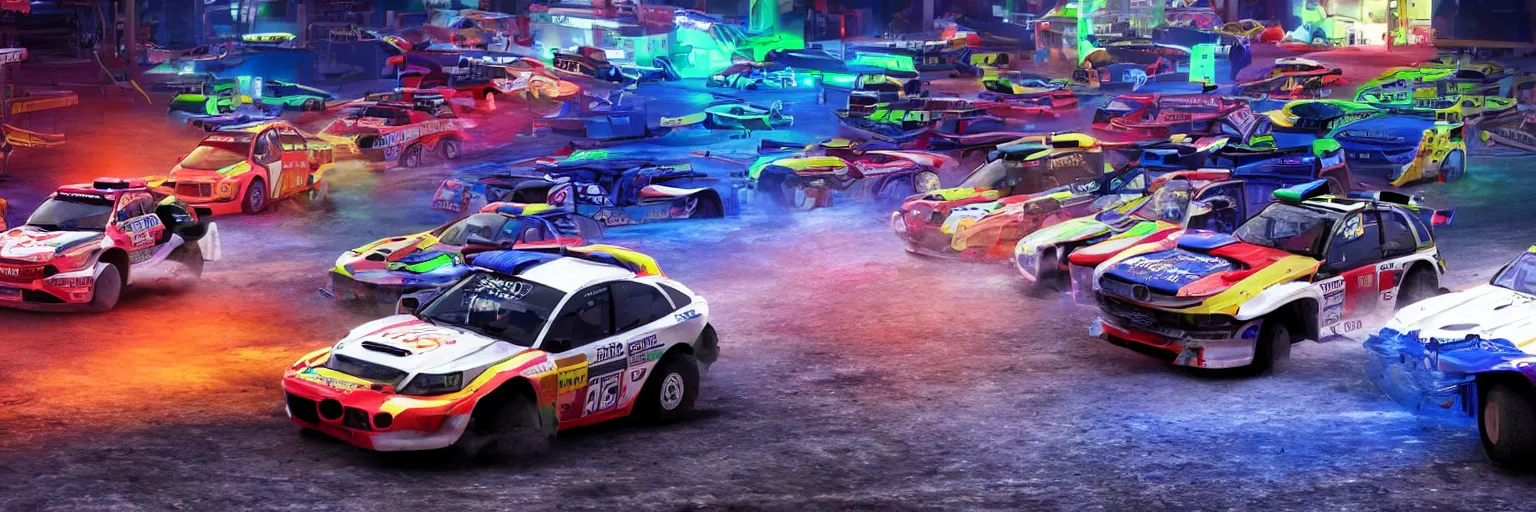 Image similar to rally cars racing at futuristic city with neon lights and dust