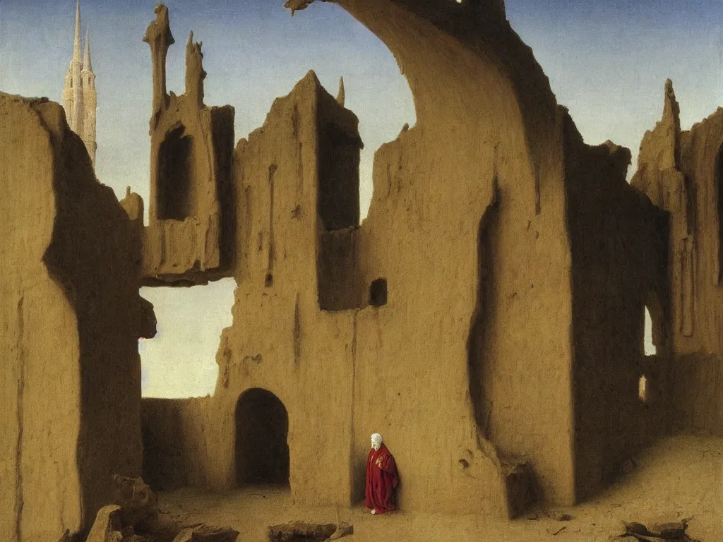 Image similar to albino mystic, with his back turned, looking in the distance at a ruins of a mosque in the sand desert. Painting by Jan van Eyck, Caspar David Friedrich, Rene Magritte, Agnes Pelton, Max Ernst, Walton Ford