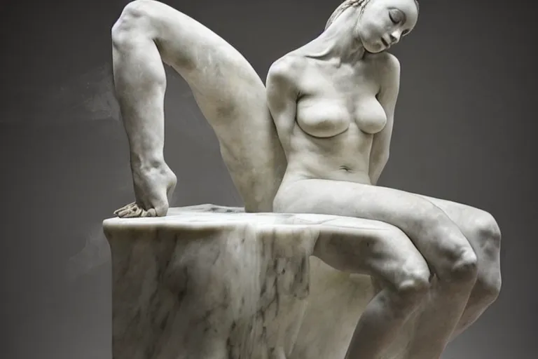 Image similar to a sculpture of a beautiful woman sitting on a chair, a white marble sculpture covered with floating wax by nicola samori, behance, neo - expressionism, marble sculpture, apocalypse art, made of mist