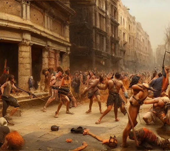 Prompt: an epic matte painting of podcasters, podcasters and YouTube streamers and TikTok stars fighting in the streets of an ancient during the bronze age collapse, soft lighting, very coherent, oil on canvas in the style of John grimshaw,