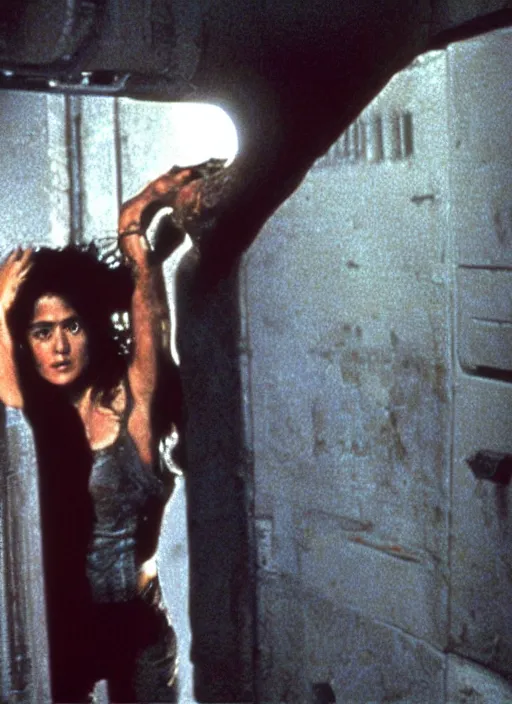 Prompt: film still of Salma Hayek being held against a wall by a predator in the movie Alien.