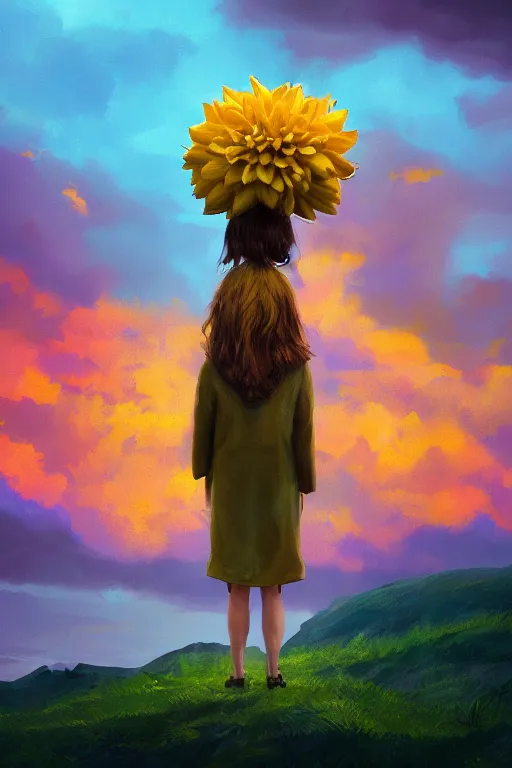 Image similar to closeup girl with huge yellow dahlia flower face, intricate, standing on mountain, surreal photography, blue storm clouds, dramatic light, impressionist painting, digital painting, artstation, simon stalenhag