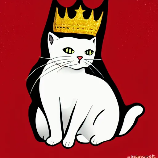 Image similar to a cartoon art of a white cat wearing a golden crown and black goggles