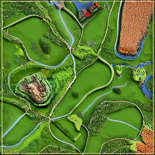 Image similar to isometric, miniature photography closeup, h0, 1:87, Meadow, pathes, highly detailed, satellite image, game map, anno 1602