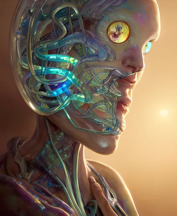 Image similar to intricate opalescent transparent portrait of a disturbing beautiful alien snake creature, mottling coloring, adorable, childlike, medical equipment hospital environment, ultra realistic, concept art, art nouveau, photorealistic, octane render, 8 k, unreal engine. art by christopher marley and artgerm and greg rutkowski and alphonse mucha