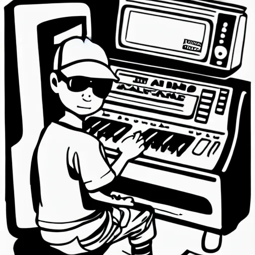 Image similar to cartoon line drawing illustration, in fine detail, of a kid wearing a baseball cap, playing a Korg MS-20 synthesizer, in the style of The Beano, sharpie, black and white, long shot, white background, graffiti marker, graffiti character, 90s cartoon,