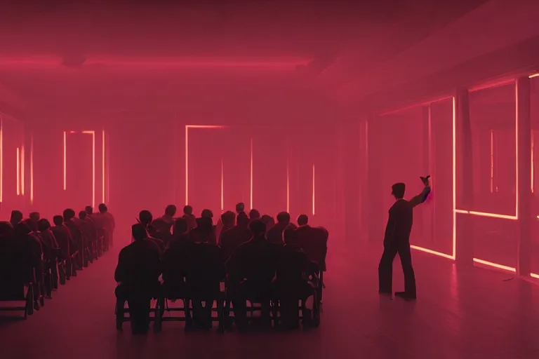 Prompt: back of a man facing a dark conference hall, people cheering at the atmospheric and obscure, red neon light, by roger deakins, cinematography, syd mead