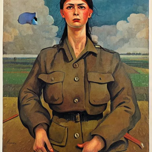 Image similar to soviet painting of female soviet partisan by isaak brodsky, walter womacka, czeslaw znamierowski, vladimir pchelin, kuzma petrov - vodkin, igor berezovsky