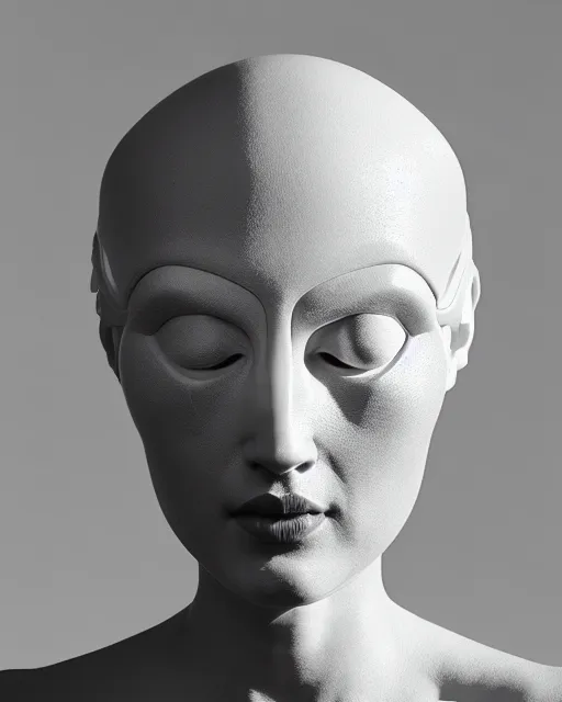 Prompt: surreal mythical dreamy black and white fine art photo of a monumental sculpture bust of a female cyborg - bird - brain head, rim light, cinematic, studio dramatic light, poetic, octane render, 8 k, photo - realistic