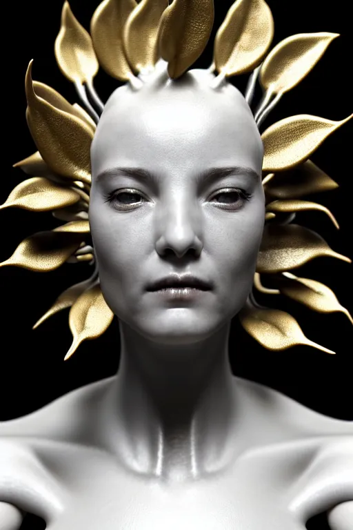 Image similar to bw close - up profile face, black background, beautiful young porcelain vegetal - dragon - cyborg - female, 1 5 0 mm, beautiful natural soft rim light, silver gold details, magnolia leaves and stems, roots, mandelbot fractal, elegant, ultra detailed, white metallic armour, octane render, h. r. giger style