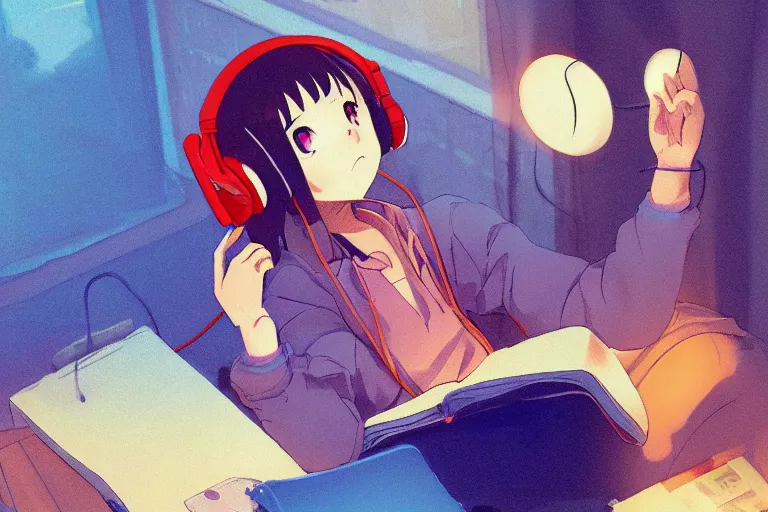 Prompt: lo - fi anime girl, wearing a blue cardigan and red aesthetic lo - fi headphones, studying in a brightly lit room, a lamp hovers above as it illuminates the room, illustrated by juan pablo machado, nighttime!!!!!!, cgsociety contest winner, artstation, golden ratio, dim lighting, studio ghibli!!!, 4 k