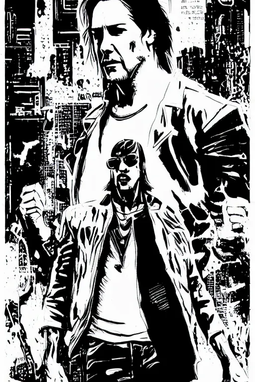 Image similar to keanu reeves, a page from cyberpunk 2 0 2 0, style of paolo parente, style of mike jackson, adam smasher, johnny silverhand, 1 9 9 0 s comic book style, white background, ink drawing, black and white, mid - shot