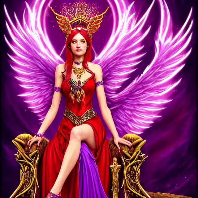 Image similar to Princess sorceress with red flaming bird wings on her back and sitting on an ornate throne dressed in a fancy long purple dress, beautiful realistic symmetrical defined face, grinning, Fantasy, Full Portrait, High detail, realistic, planeswalker