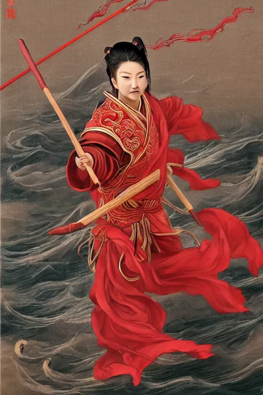 Image similar to a masterpiece portrait of legendry nezha flies riding on the wind fire wheels across the sea, water everywhere, chinese mythology, side view, red cloth around his shoulders, hold spear, cinematic, fantasy character portrait, highly detailed, by ne zha ( 2 0 1 9 ), fenghua zhong