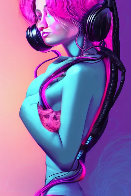 Image similar to a award winning half body portrait of a beautiful woman with stunning eyes in a croptop and cargo pants with ombre purple pink teal hairstyle and wearing headphones on her ears by thomas danthony, surrounded by whirling illuminated lines, outrun, vaporware, digital art, trending on artstation, highly detailed, fine detail, intricate