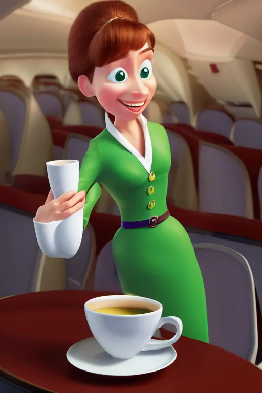 Prompt: portrait of female flight attendant with green eyes working holding one white teacup with seats in background, full body. pixar disney 4 k 3 d render funny animation movie oscar winning trending on artstation and behance, ratatouille style