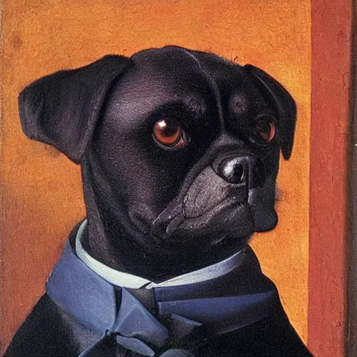 Image similar to a portrait of black pugalier dog wearing suit and tie, by vermeer,
