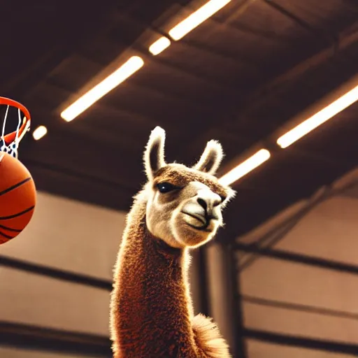 Image similar to film still of a llama dunking a basketball, low angle, extreme long shot, indoors, dramatic backlighting