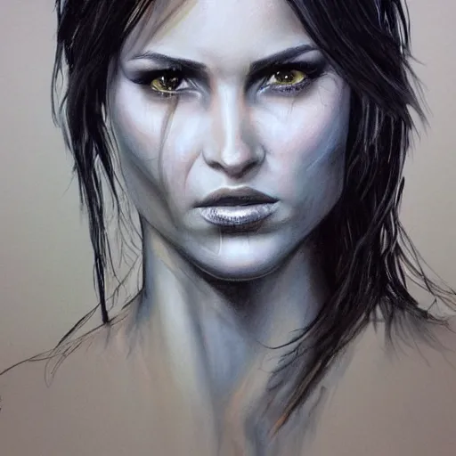 Prompt: Lara Croft detailed headshot Portrait, painting drawn by HR Giger