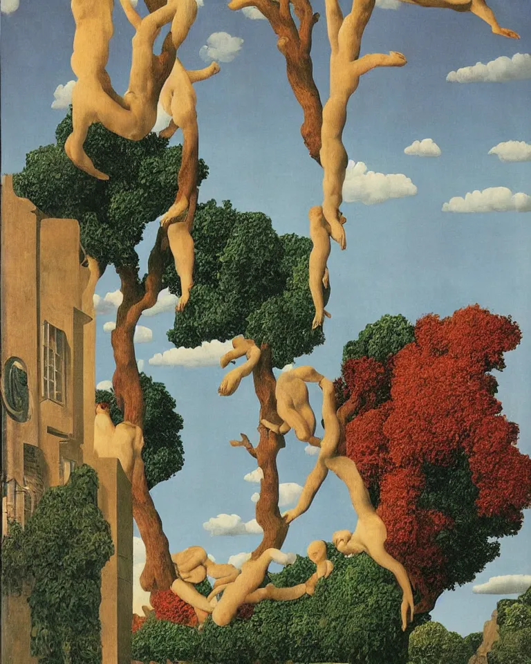 Image similar to an enchanting fractured tableau by Rene Magritte and Giovanni Paolo Panini.